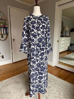 Zara White Maxi Dress with Navy Floral Print and Bell Sleeves